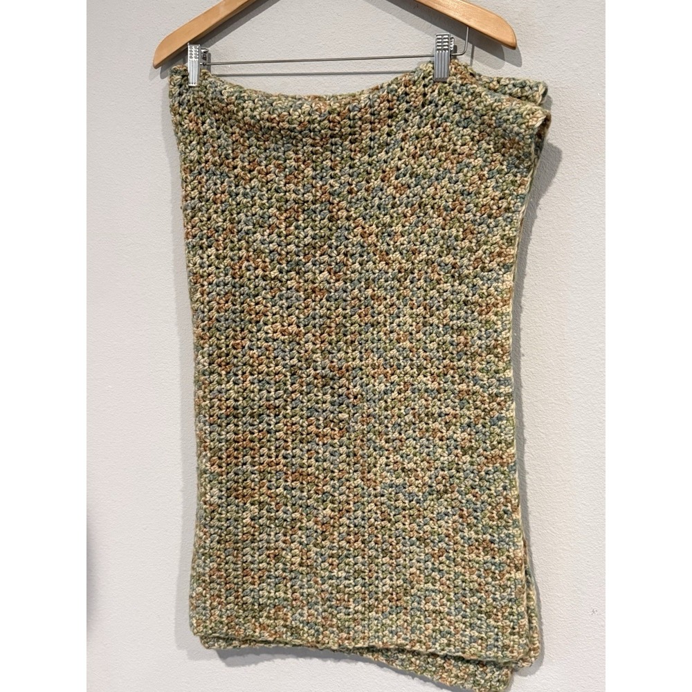 Handmade Crochet Lap Blanket Throw Multicolor Green Blue Tan 54" x 34"